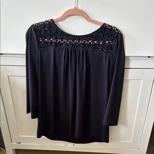 Ann Taylor Navy Blouse with Lace Yoke